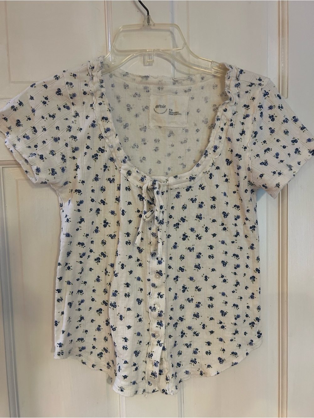 aerie White Ribbed Floral Button-Front Tee with Navy Print